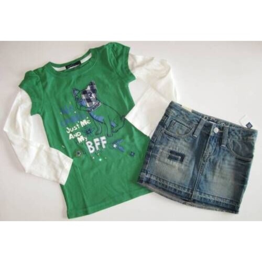 NEW Baby Gap kids girls outfit skirt top XS 4 5 green BFF dog t-shirt denim jean